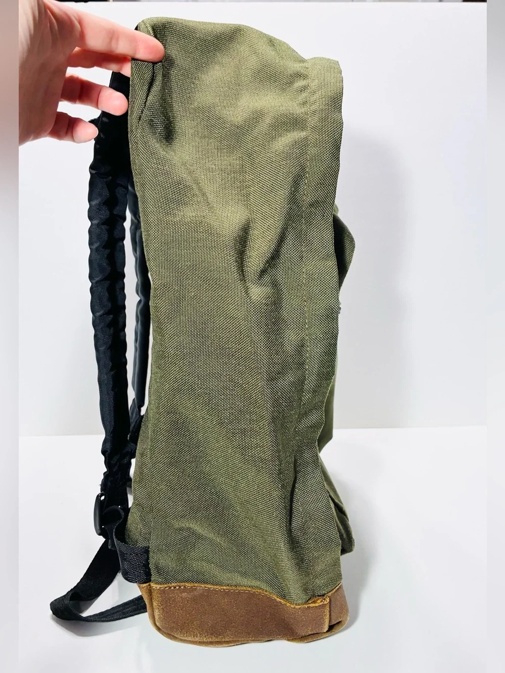 VTG 90s Eastpak USA MADE Leather Bottom 17” Backpack Olive Green Canvas Unisex